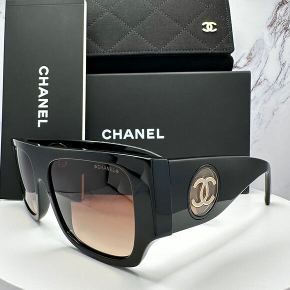 CHANEL Accessories - CHANEL Sunglasses Black Square Shield Gold CC Gradient Brown Lens